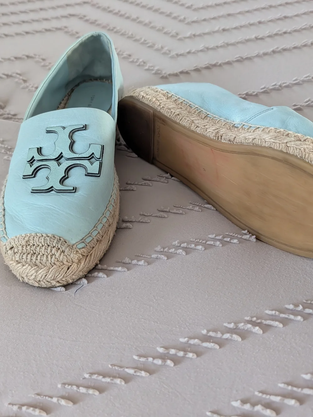 Tory Burch Pale Mint Leather Espadrille Flats with Logo